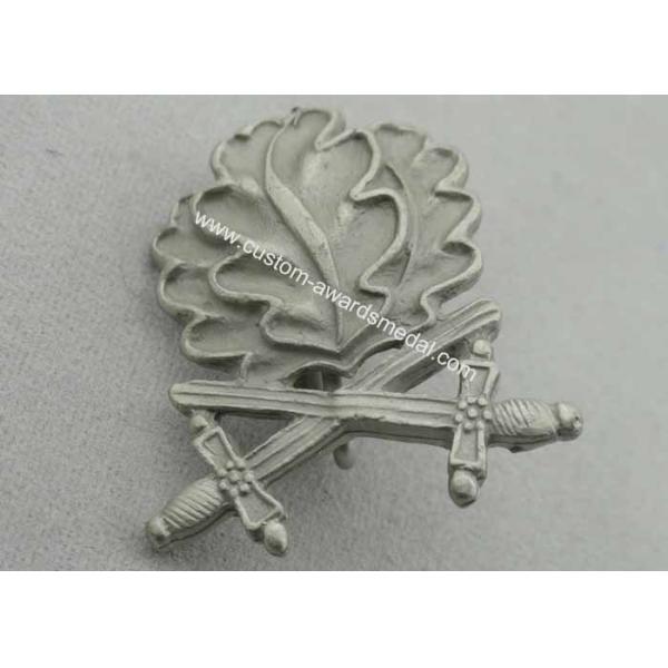 3D Leaves Shape Zinc Alloy Souvenir Badges, Memorial Badge with Cross Sword with Misty Nickel Plating