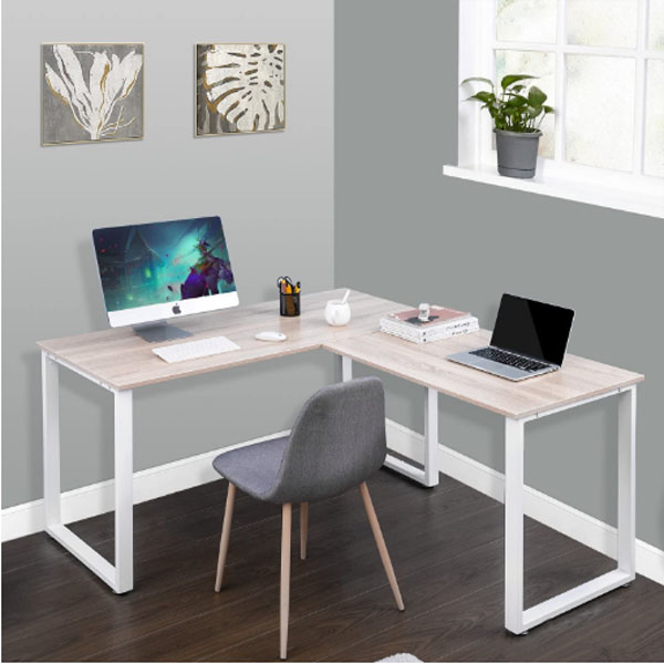 Metal and Wood L Shape Desk for Home Office Study Table in Modern Design