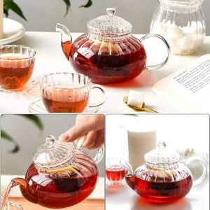 OEM 600ml 20oz Pumpkin Ribbed Glass Teapot Heat Resistant Coffee Pot Stovetop Safe