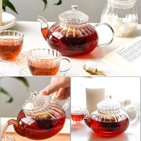 OEM 600ml 20oz Pumpkin Ribbed Glass Teapot Heat Resistant Coffee Pot Stovetop Safe
