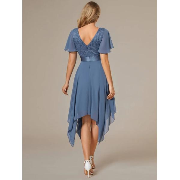 Asymmetrical Hem V-neck Empire Waist A-line Short Sleeves Knee-length Dusty Navy Lace Chiffon Bridesmaid Dress