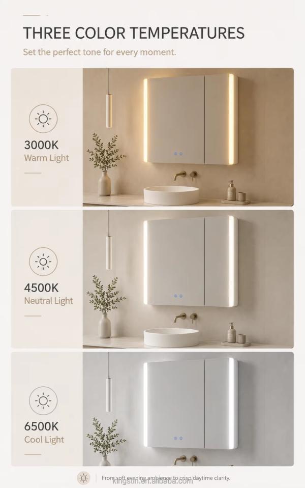 Kingstin Custom ABS LED Bathroom Mirror Cabinet with Storage for Hotels and Homes, 3 Color Temperatures and 5 Flexible Options
