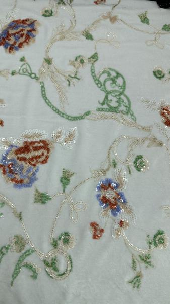 Flocked Mesh Flroal Sequin Embroideded Lace Fabric For Wedding Party Gowns