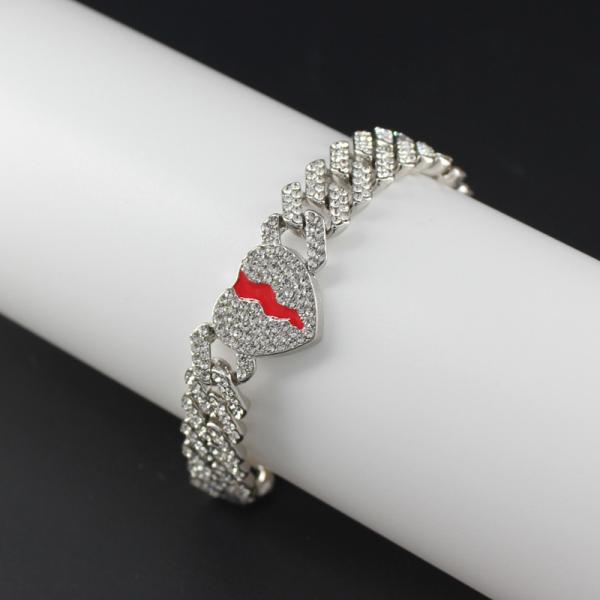 Men Women Hip Hop Jewelry 12mm Red Heart Link Cuban Chain Necklace Bracelet Wholesale