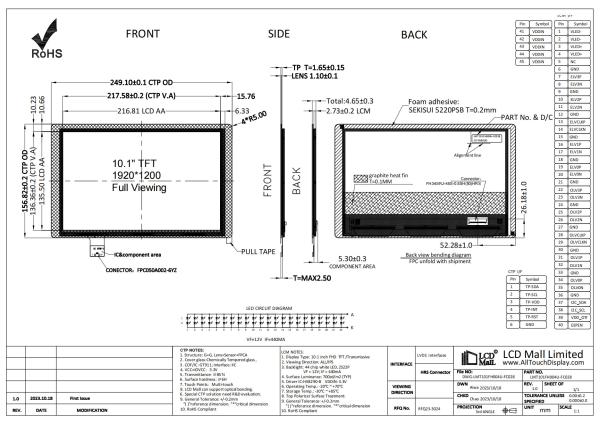 700nits High Brightness LVDS TFT LCD Display 10.1 Inch OEM ODM 1920x1200