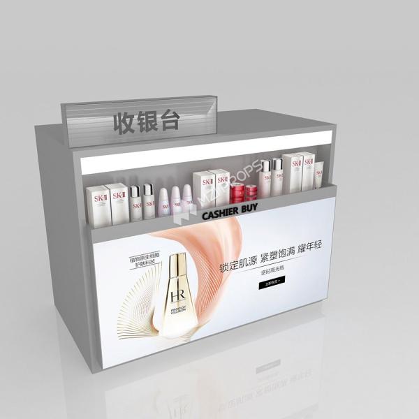 店舗テーブルグレー木製レジ、小売店デザインと省スペースストアスタンド用のライトボックス付き