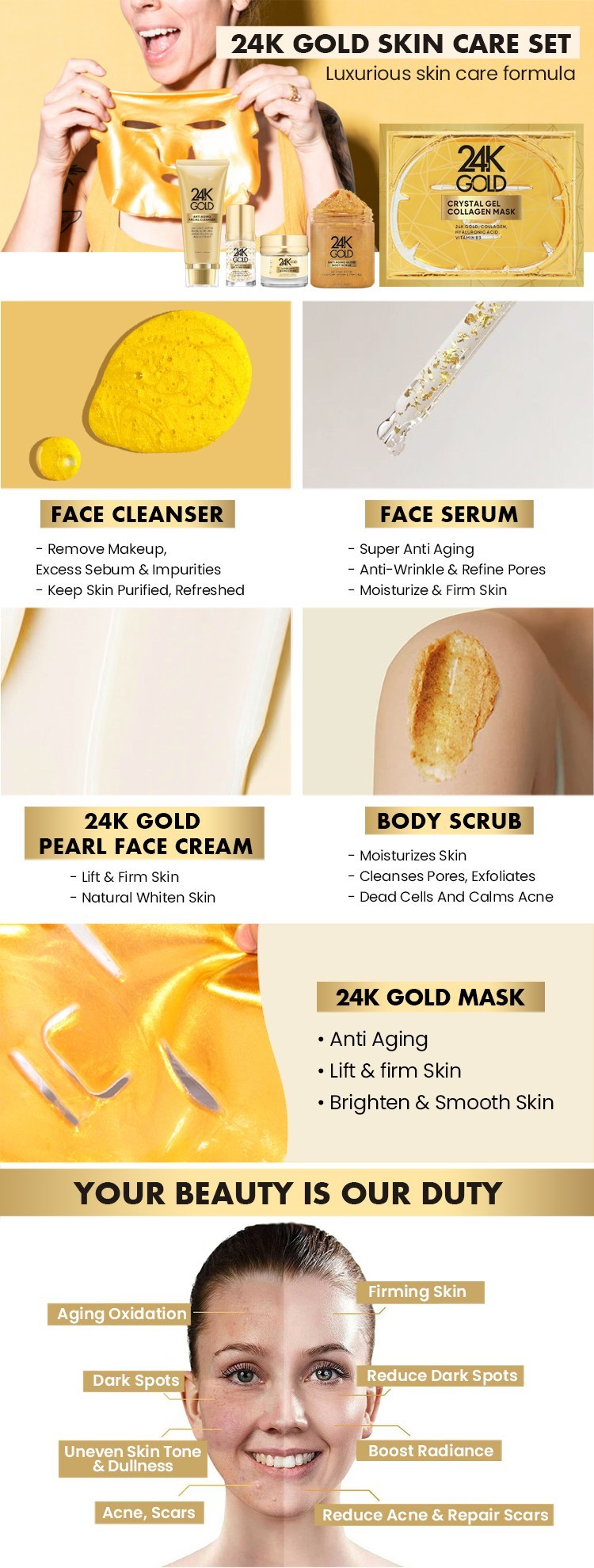 OEM ODM 24k Gold Skin Care Set face cream Facial Cleanser Organic Acne essence Wholesale Purifying Pore Breaking Melanin face cream Deep Cleaning Facial Moisturizing facial mask