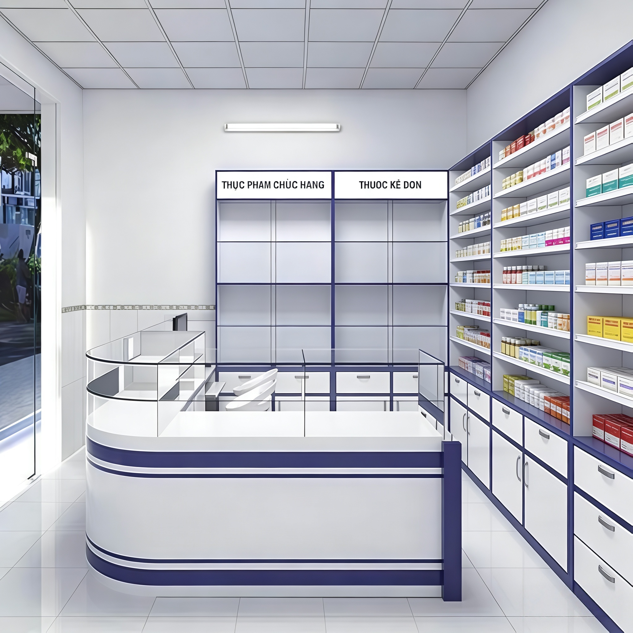 Custom Pharmacy Display Cabinet and Medical Store Wall Shelving for Professional Drugstore Retail Interior Design