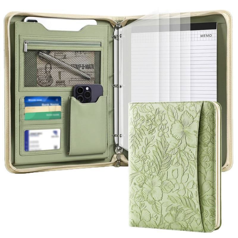 Custom Leather Folder 3-Ring Binder A4 Multi-functional Zipper Portfolio Manager Folder