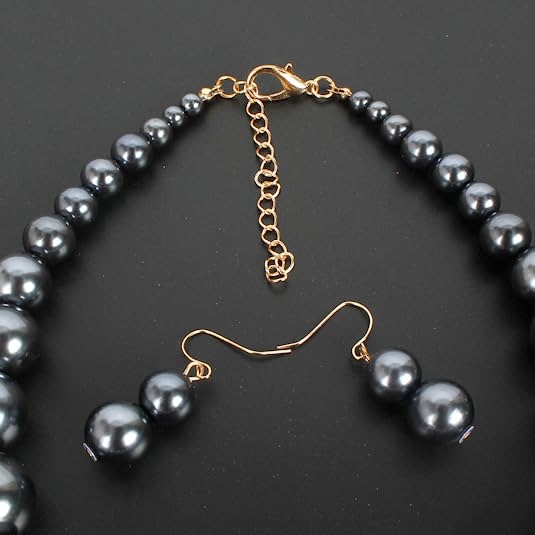 Large Style Big Gray Imitate Pearl Strand Choker Necklace With Earrings Set