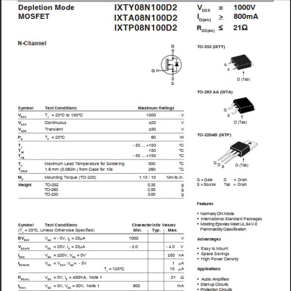 IXTY08N100D2 N Channel MOSFET IC 1000 V 800mA Tc 60W Tc Поверхностный монтаж TO-252AA