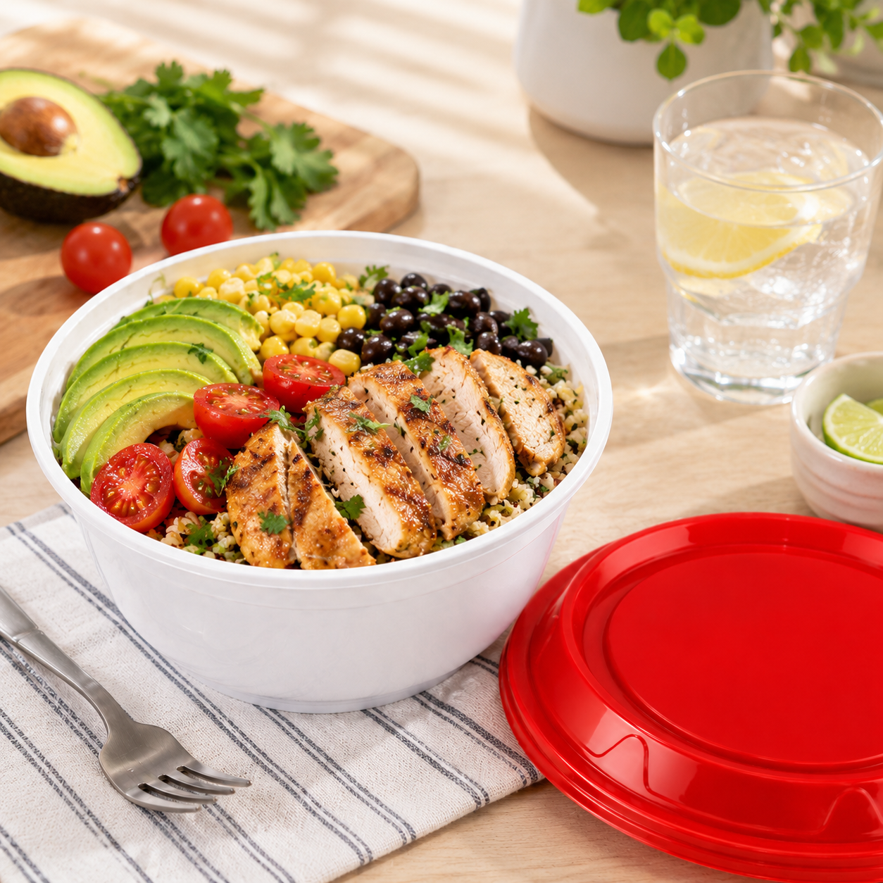 1450ml Disposable Soup Bowls Deep White PP Takeaway Containers with Red / Clear Lids