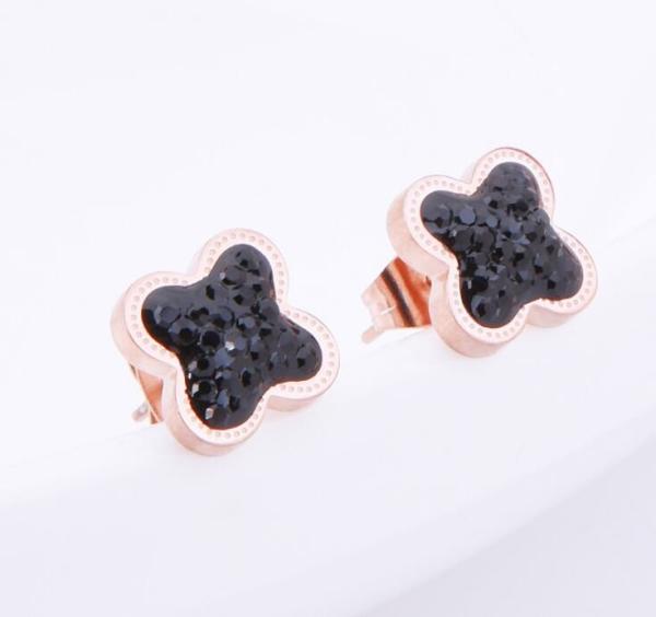 4 Leave Clover Stud Earrings for Girs Stainless Steel Inlaid Red Crystal Earrings  Fashion Jewelry