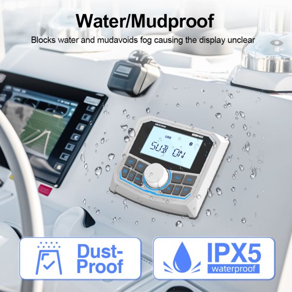 Waterproof Bluetooth Radio Marine Stereo FM AM Digital Media Audio Player+2 Pairs 4 inch Stereo Speakers For ATV UTV Golf Cart Tractor