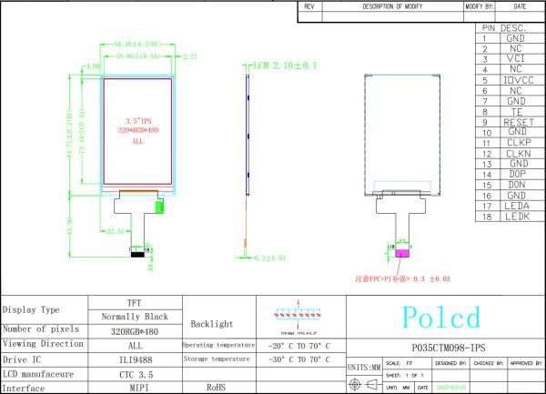 Polcd 3,5 pouces IPS TFT LCD 320*480 Ili9488 Disque IC 600:1 Modules d'affichage LCD à rapport de contraste