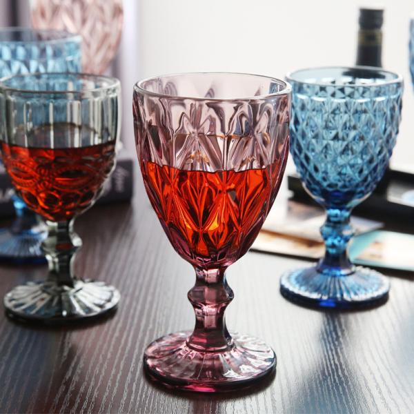 Custom Green Pink Blue Gray wine glass Vintage Pattern Embossed Wine Goblet glass