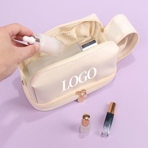 Customized New Arrival Luxury Portable Pu Large White Leather Travel Toiletry Storage Makeup Cosmetic Bags With Logo
