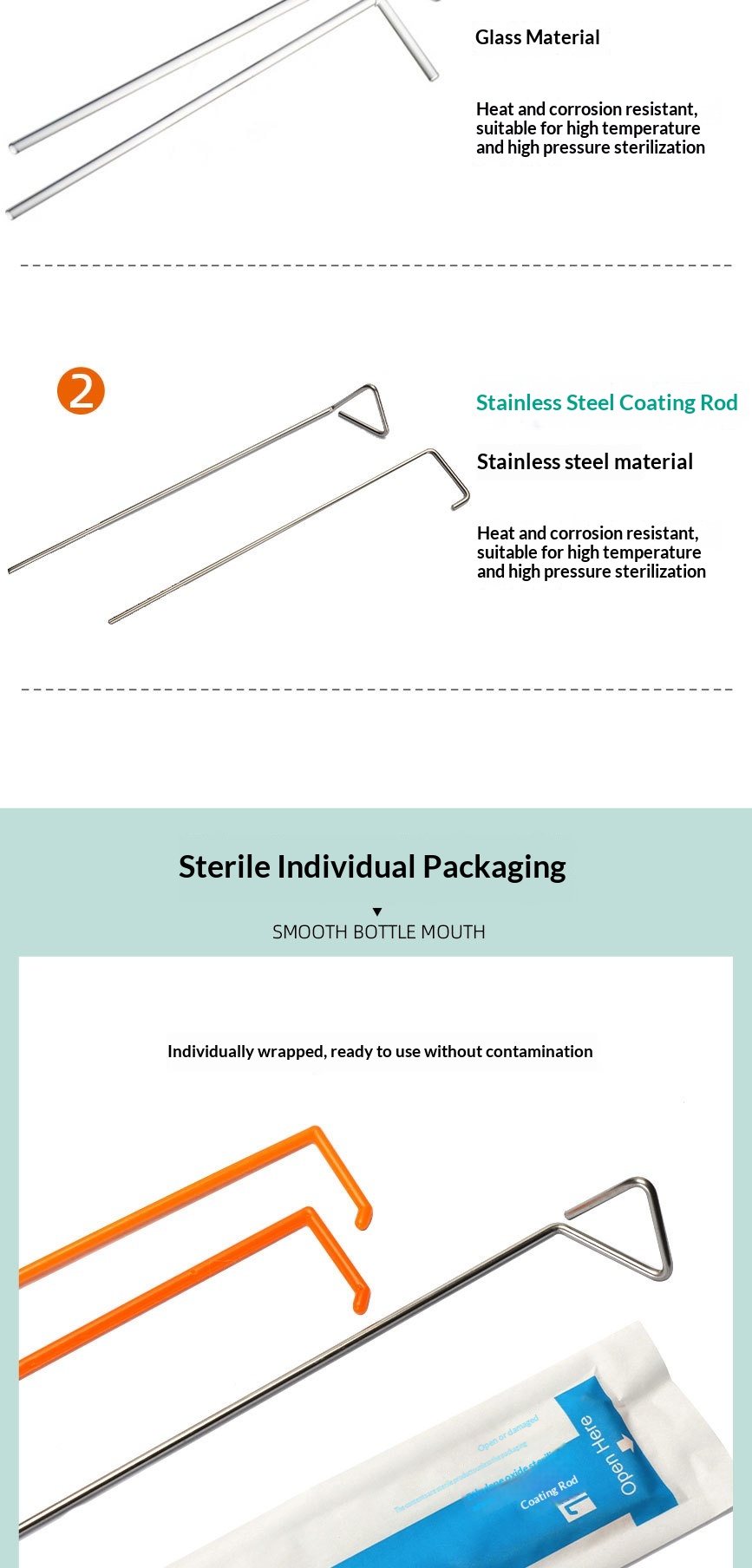 Laboratory Sample Spreading Coating Rod Cell Individually Sterilized Packaging Plastic Glass Stainless Steel L-shaped T-shaped