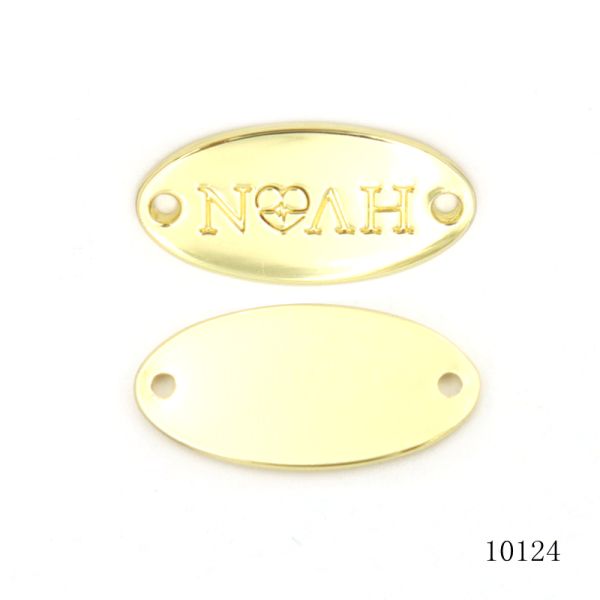 Custom Embossed Oval Two-Hole Metal Logo Tag | Gold Plated Garment & Leather Hardware