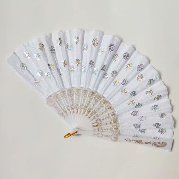 Hot Selling Foldable Hand Held Fan Black Plastic Embroidery Sequin Hand Fan