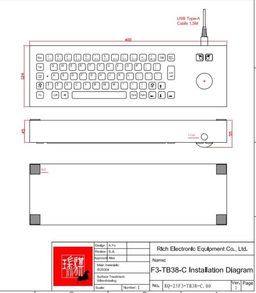Industrial 304 Stainless Steel Metal Keyboard IP64 With 38mm Trackball