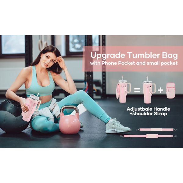 Water Bottle Carrier Bag With Phone Pocket For Stanley 40 & 30 Oz Tumbler With Handle,Pink Insulated Neoprene Cup