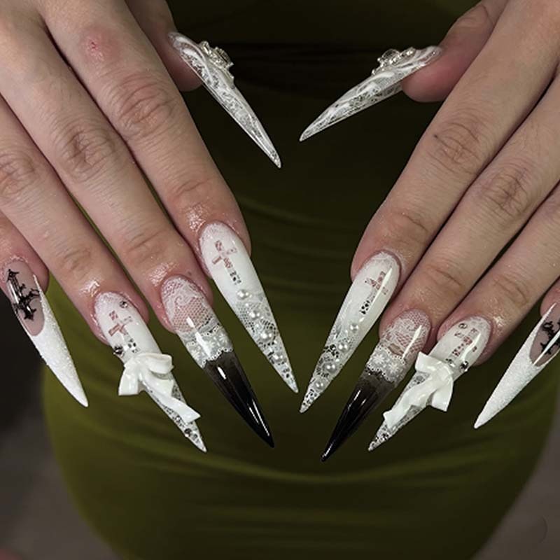 Gothic Black White Press On Holiday Nails Stiletto Bow Design Dark Bride