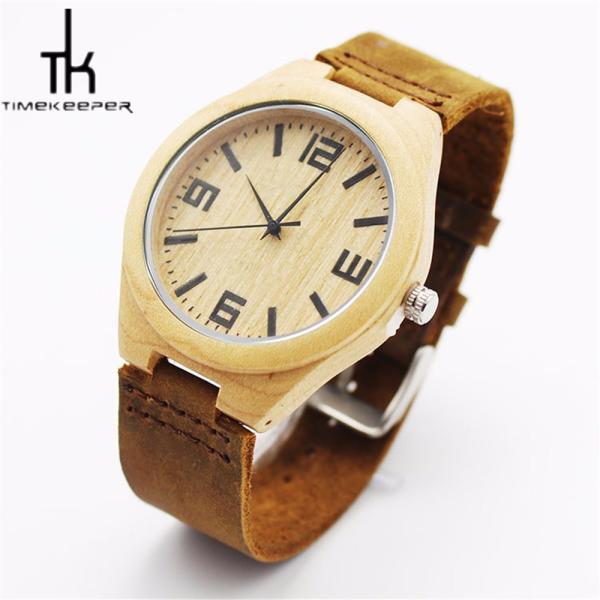 Leather Strap Bamboo Wood Watches Multiple Time Zone With Your Logo