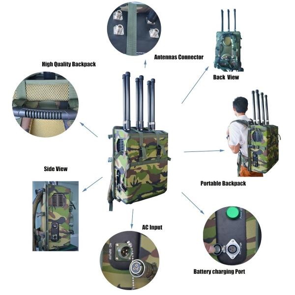 6 Channels 180W High Power Backpack  Jammer blocks Drone/UAV signlas with up to 1500Meters shielding distance.