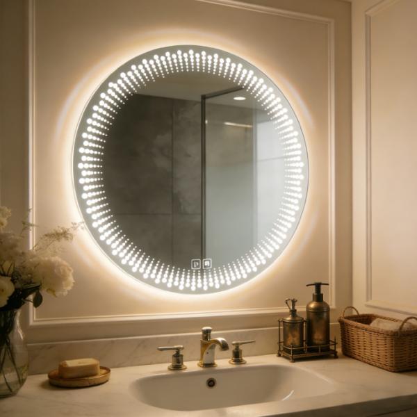 Kingstin Frameless Round LED Bathroom Mirror Smart Touch Control Dimmable Anti-Fog for Hotel Home Decor