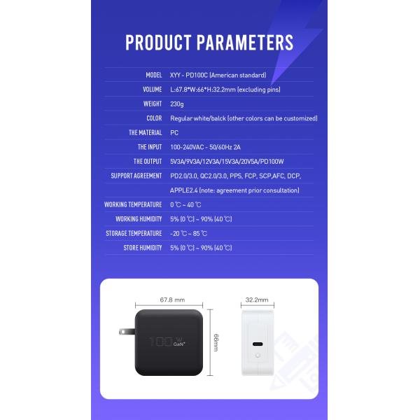100W GaN USB-C Быстрое зарядное устройство с PD QC3.0 для мобильных телефонов