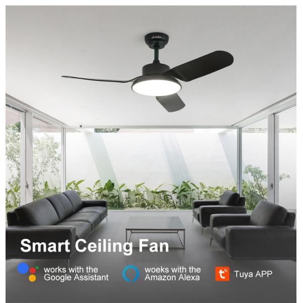 Ventilador de teto LED preto moderno de 43 polegadas com motor silencioso e função de ar condicionado