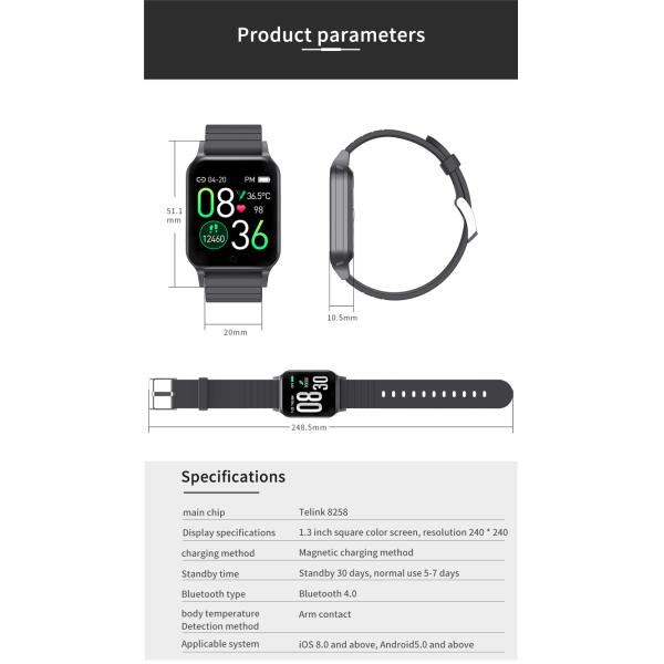 Дети температуры тела Smartwatch T96 делают измеряя отслежыватель водостойким ECG здоровья фитнеса браслета Gts T96