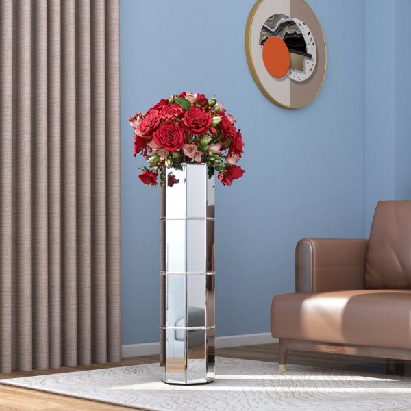 Tall Mirrored Furniture Cylinder Crystal Crushed Diamond Floor Vase