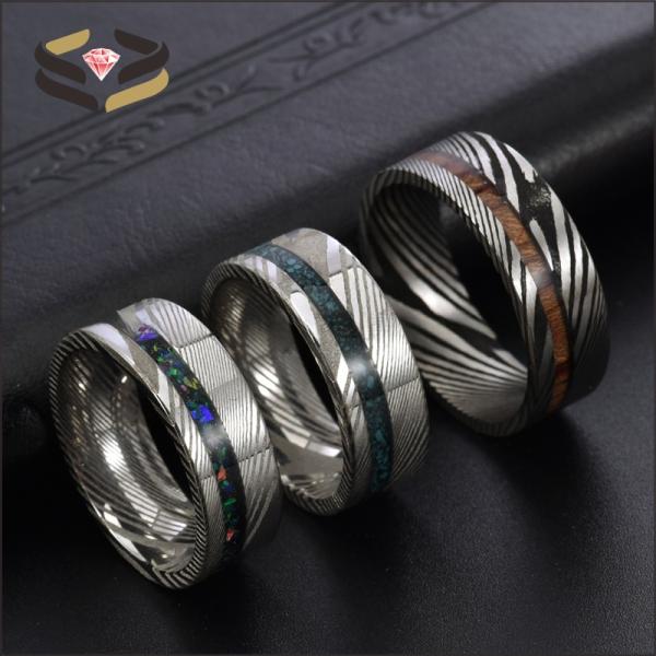 Round Flat Men Damascus Steel Wedding Bands 8mm With Meteorite And Dinosaur Bone Inlay