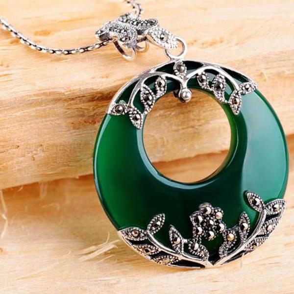 Thai Silver Green Agate Pendant Necklace Marcasite Retro Jewelry(N11061GREEN)