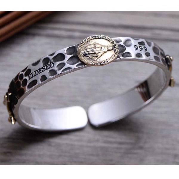 925 Silver Golden Two Tone Women Open Cuff Bracelet Cross Madonna Style (057402)