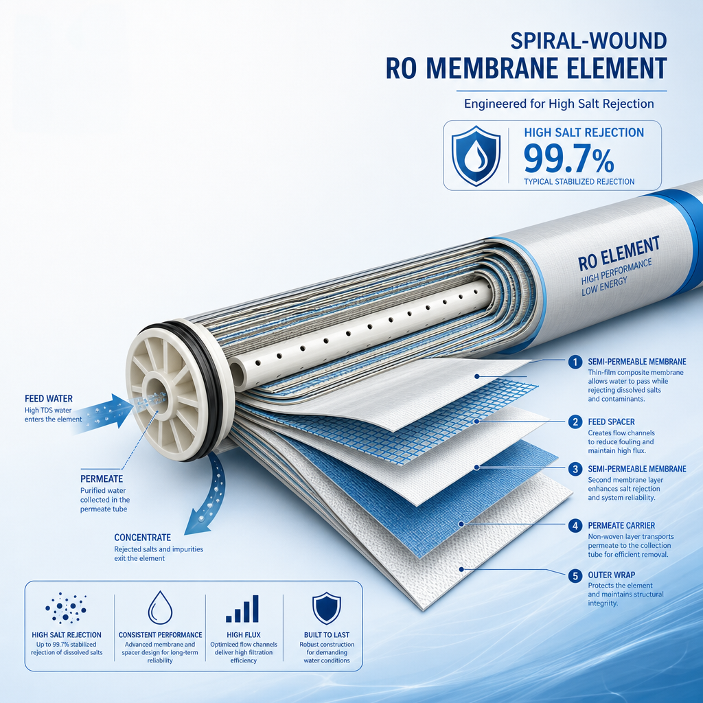 Polyamide Composite RO Membrane Element High Salt Rejection For Industrial Pure Water Treatment Systems Heavy Duty Grade