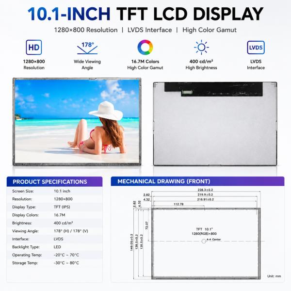 10.1 Inch WXGA Display 1280x800 TFT LCD Display Module For HMI And Embedded Systems