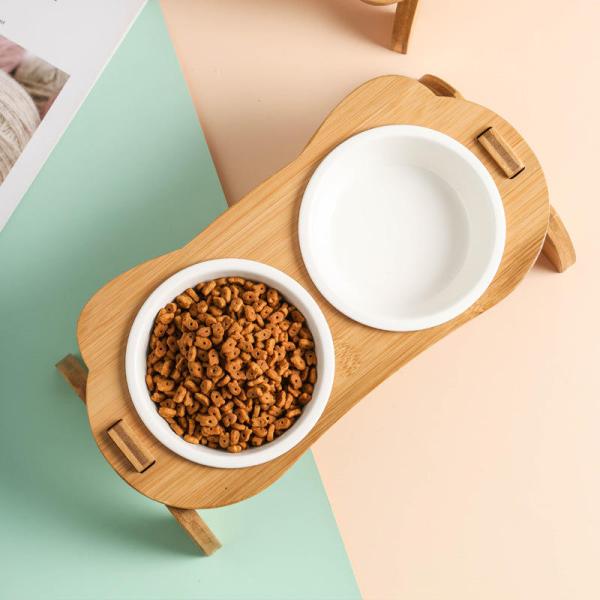 Brazil Bamboo Stand Pet Ceramic Bowl 17*14*8.5cm Paws Fish Double Dog Bowl Stand Ceramic Dog Bowls