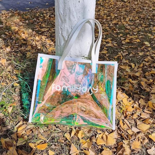 Vinyl beach totes handy bag, handle bag, should bag, Clear bag, Holographic Tote Bags, Iridescent Waterproof Top Handle Bag, Clear Jelly Totes Vocation Party Beach Bag
