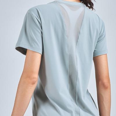 A ioga curto da luva das mulheres Nude do sentimento cobre a camisa de Mesh Stitching Womens Running T