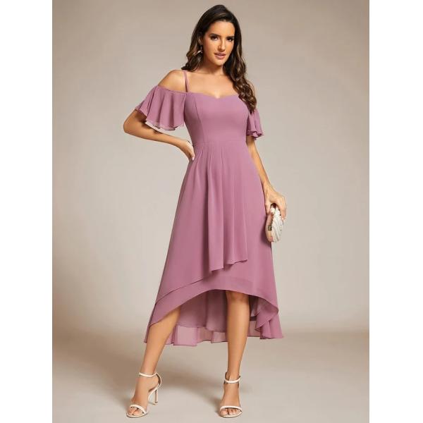 Empire Off-shoulder Spaghetti Strap Zipper High-low Wedding Guest Dresses Short Sleeves Navy Blue Chiffon Party Dress