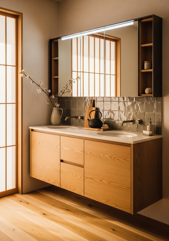 Japandi Oak Vanity with Warm Clay Basin in 304 Stainless Steel
