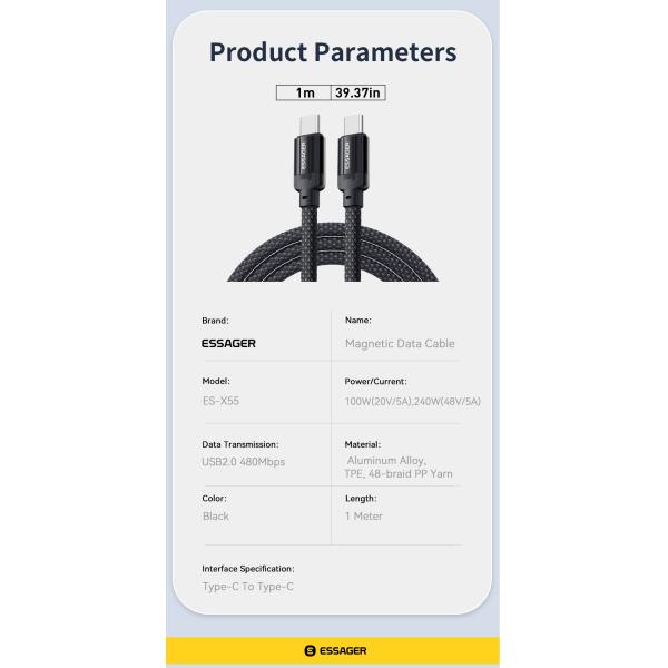 ES-X55 Series Magnetic Absorption Quick Charge Cable USB C To Type C Cable 100W 240W 1m