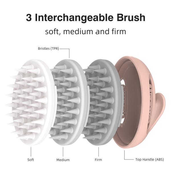 3 Interchangeable Scrubber Scalp Massager Pink Hair Washing Scalp Brush