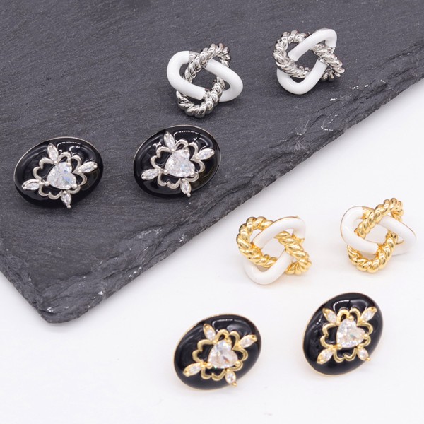 Lovely Trendy Earring Stud Earrings Female Silver Needle Black White Love Zirconia Rope Shape Wholesale for Women Girls