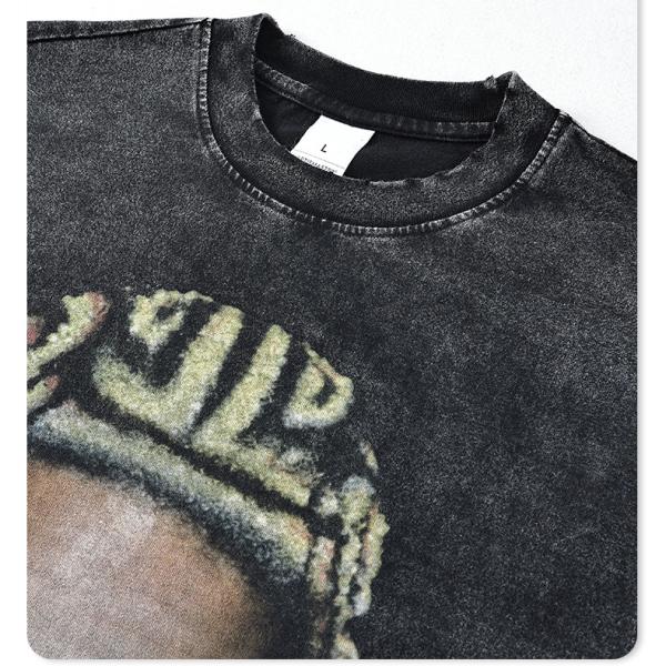 Men'S Hip Hop Acid Wash Crewneck Sweatshirt Athletic Black Distressed Vintage T-Shirt Terry Fabric