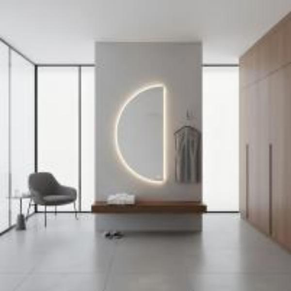 Kingstin Smart Half Moon LED Mirror Backlit Semicircle Wall Mirror Dimmable Touch Switch Makeup Mirror for Bathroom Decor
