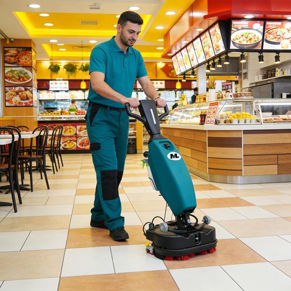 Dual 250W Motor Mini Floor Scrubber, 200W Suction, Perfect for Machinery Shops and Factories
